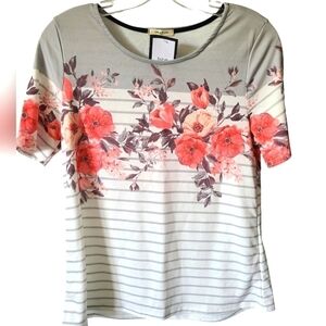 MON AMI Orange & Grey floral Short Sleeve French terry Top Size Medium NWT